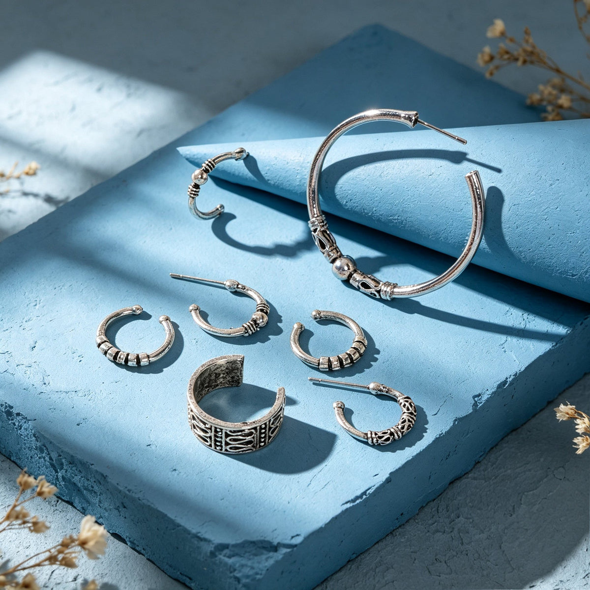 7pcs Vintage Punk Hoop Earrings Antique Silver Street style C‑Shaped Ear Cuff-4