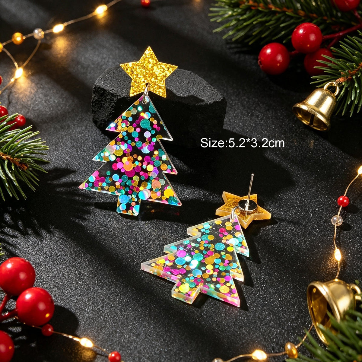 Christmas Tree Dangle Earrings Glitter Star Acrylic Colorful Xmas Party Jewelry-4