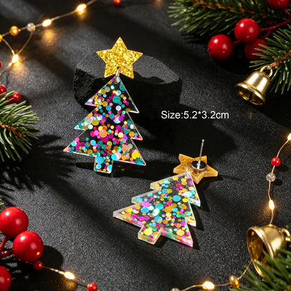 Christmas Tree Dangle Earrings Glitter Star Acrylic Colorful Xmas Party Jewelry-4