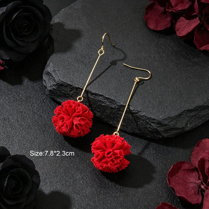 Romantic Red Fabric Flower Long Dangle Earrings Wedding Festival Party Jewelry-4