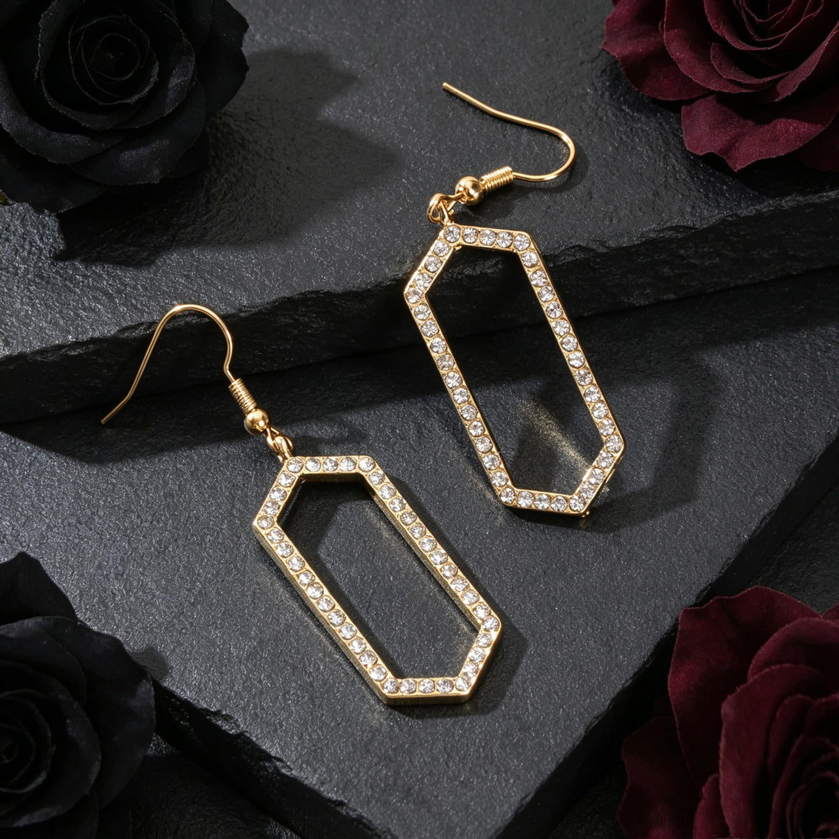 Sparkling Gold Hexagon Geometric Dangle Earrings Luxurious Banquet Party Jewelry-4