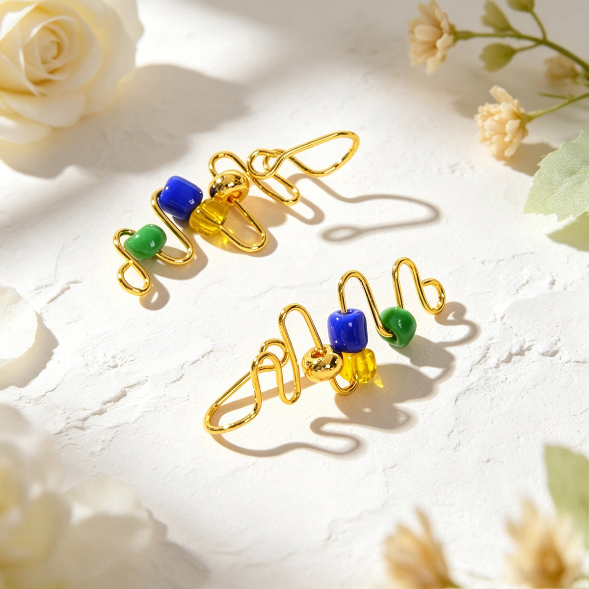 2pcs Wavy Gold Ear Cuff No Piercing Summer Rainbow Bead Ear Wrap Clip On Earring-4