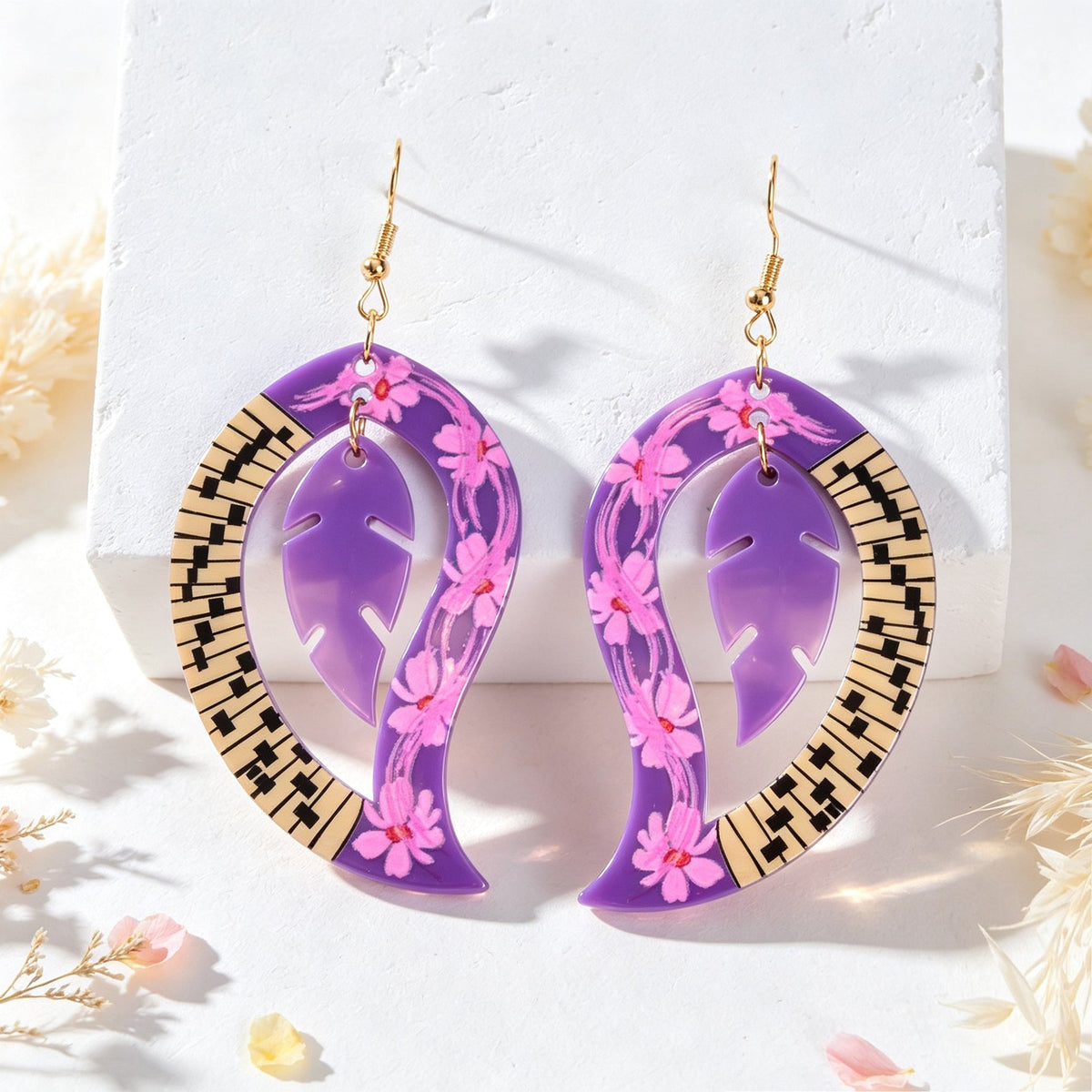 Boho Piano Key Floral Pattern Purple Acrylic Leaf Dangle Earrings Party Vacation Photoshoot Jewelry-3