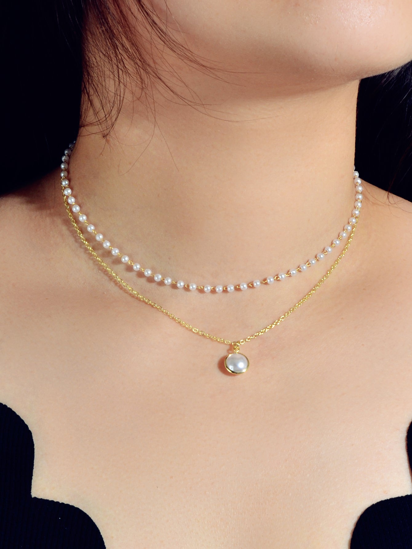Retro Gold Double layer Chain Pearl Pendant Necklace Anniversary Wedding Gift-0
