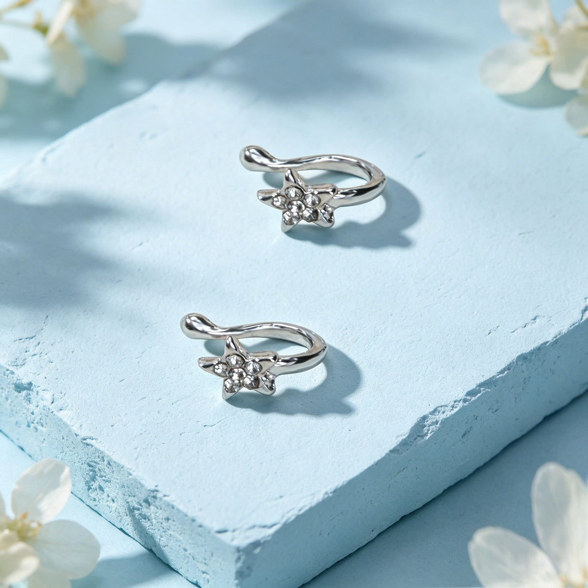 Dainty Star Rhinestone Ear Cuff Silver Plated Non-Pierced Girl Clip On Earrings-3