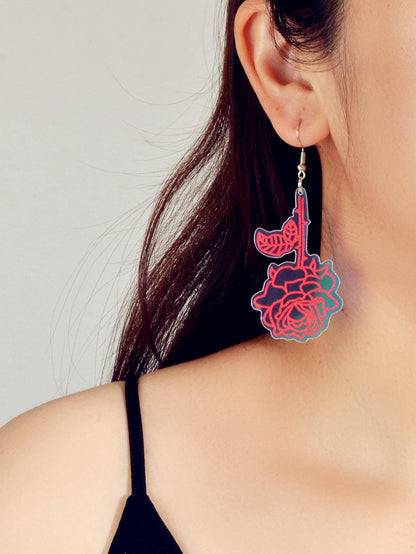 Unique Party Decoration Women Big Resin Hotpink Flower Dangle Female Earrings-0