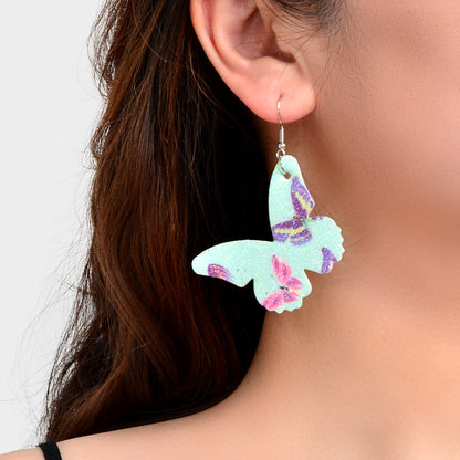 Pink Green Lightweight Pu Leather Butterfly Dangle Earrings Beautiful Accessory-3