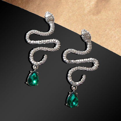 Snake Drop Earrings Dangle Big Green Rhinestone Emerald Charm Stud Punk Jewelry-6