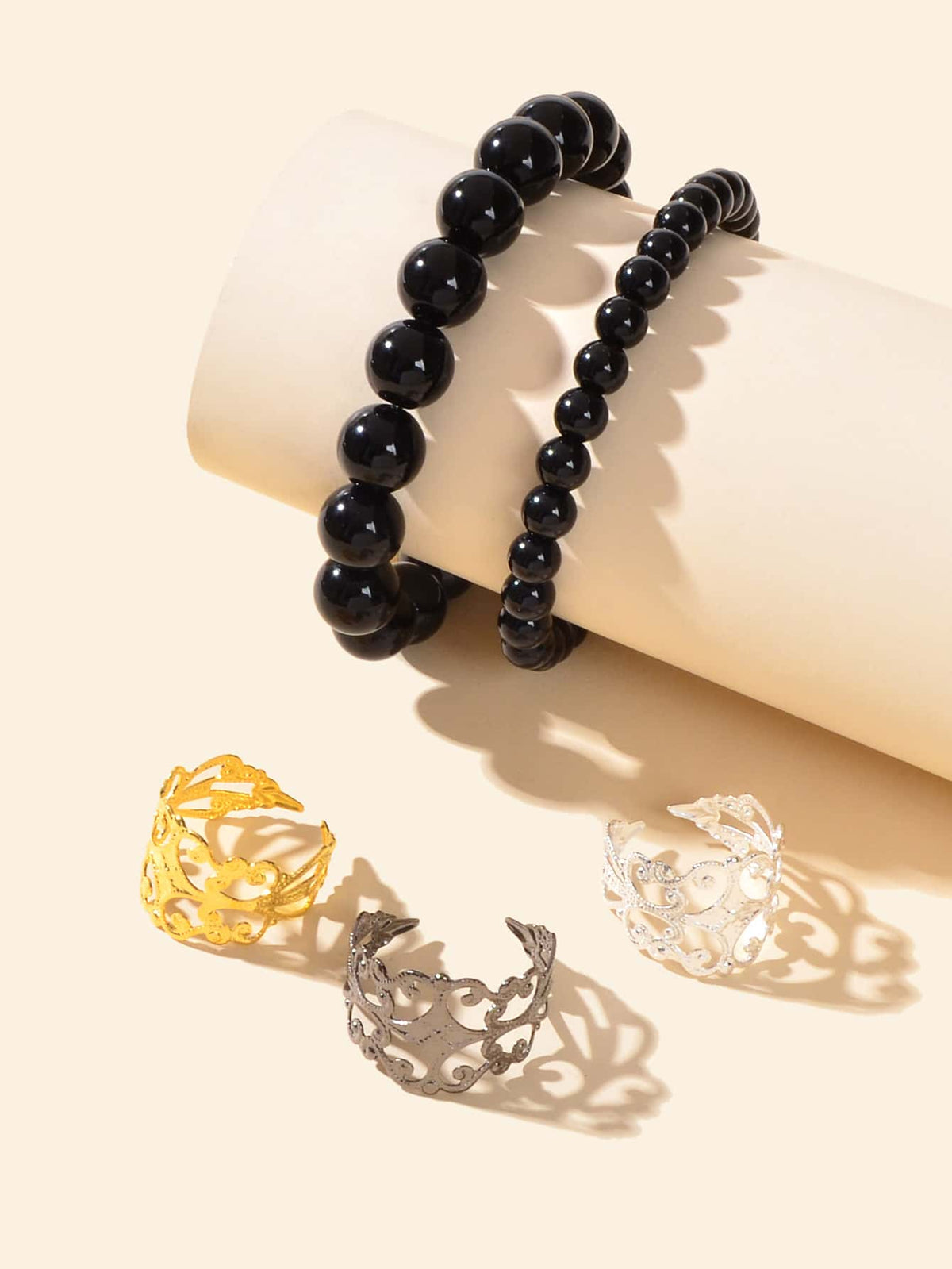 Double Layer Black Bead Bracelet with 3 Vintage Rings Set - Retro Chic Ensemble-1