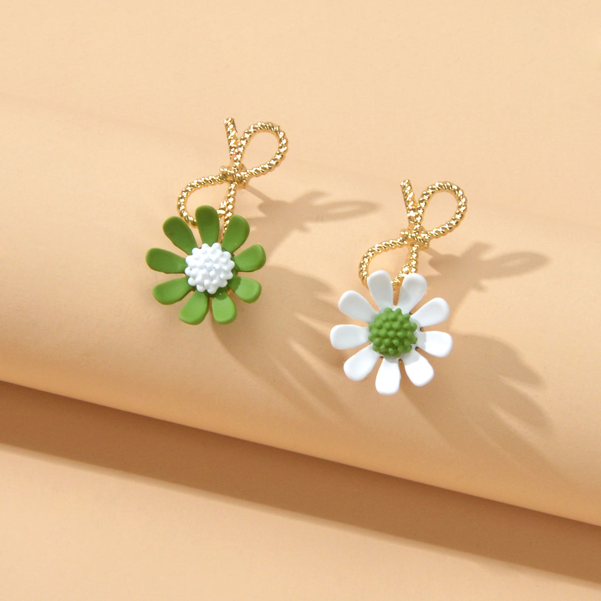 Dainty Gift Women Bow White Green Flower Asymmetric Hypoallergenic Stud Earrings-0