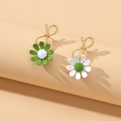 Dainty Gift Women Bow White Green Flower Asymmetric Hypoallergenic Stud Earrings-0