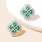 Exquisite Rhinestone and Pearl Decor Green Enamel Flower Stud Earrings for Women-0