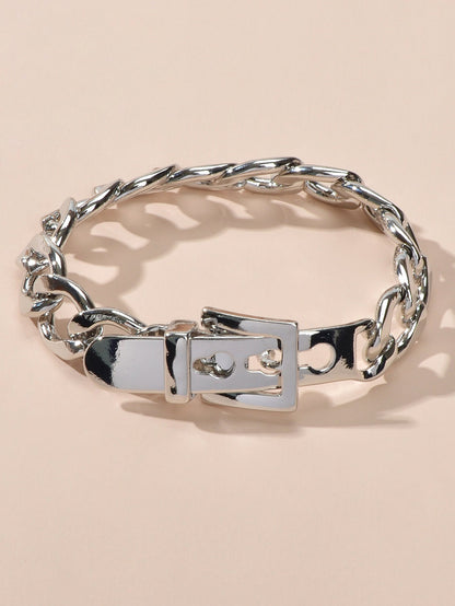 Punk Goth Hip Hop Style Silver Stainless Steel Thick Belt Shape Bracelet Gift-0