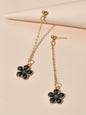 Charming White Black Enamel Long Chain Flower Pendant Dangle Pierced Earrings-5