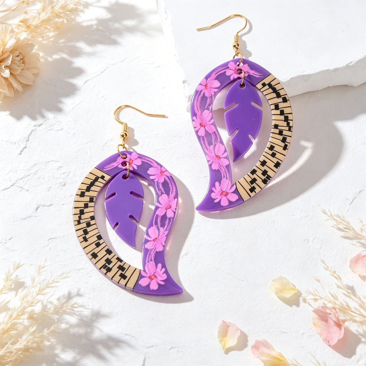 Boho Piano Key Floral Pattern Purple Acrylic Leaf Dangle Earrings Party Vacation Photoshoot Jewelry-4