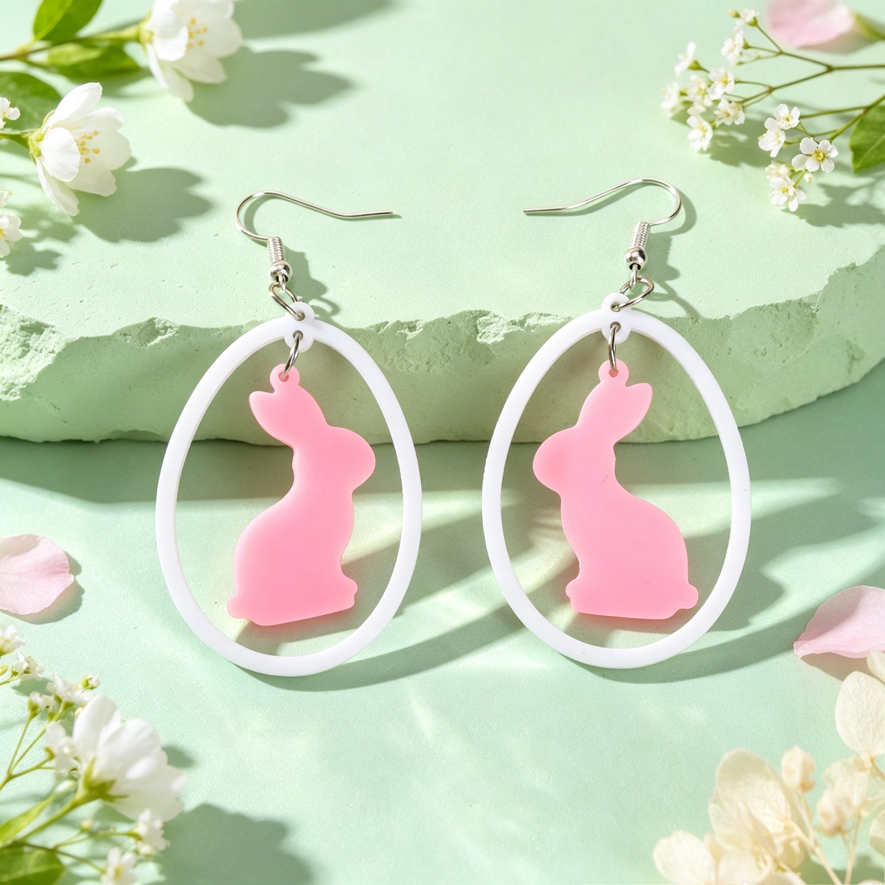 Cute Pink Rabbit Acrylic Dangle Earrings White Oval Frame Easter Beach Sweet Accessories-4