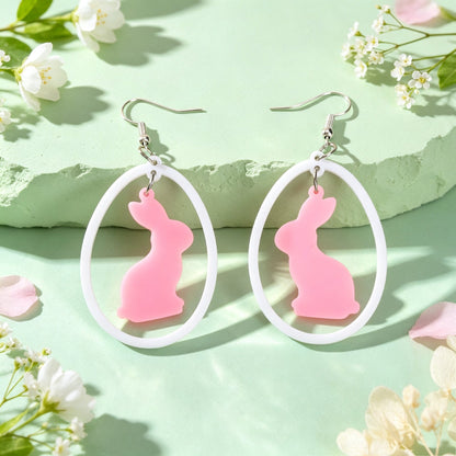Cute Pink Rabbit Acrylic Dangle Earrings White Oval Frame Easter Beach Sweet Accessories-4
