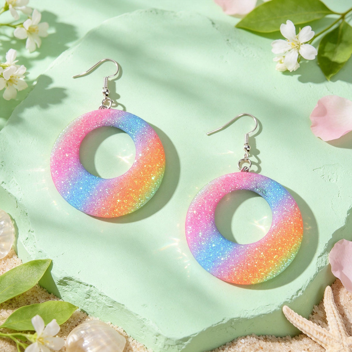Rainbow Gradient Glitter Hollow Circle Geometric Dangle Earrings Y2K Summer Beach Vacation Party Jewelry-4