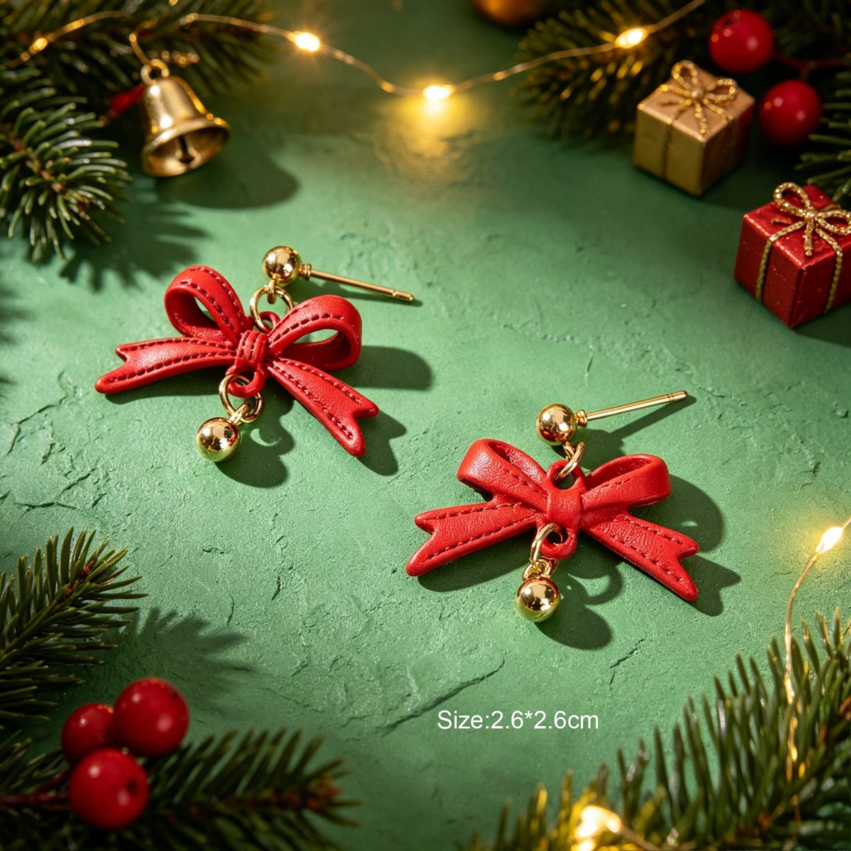 Christmas Jewelry Red PU Leather Bow Dangle Earrings Sweet Cute Party Festival Accessories-1