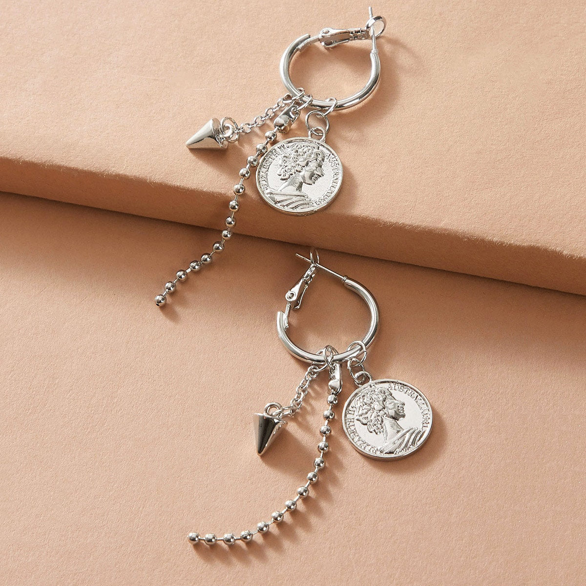 Designer Jewellery Silver Chain Popcorn Chain Spike Cion Charm Hoop Punk Earring-0