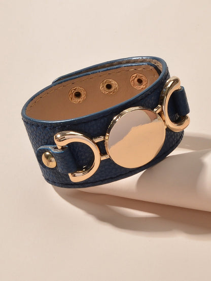 Gold Metal Disc Decor Wide Pu Leather Wrap Bracelet Women Men Wristbands Bangle-0