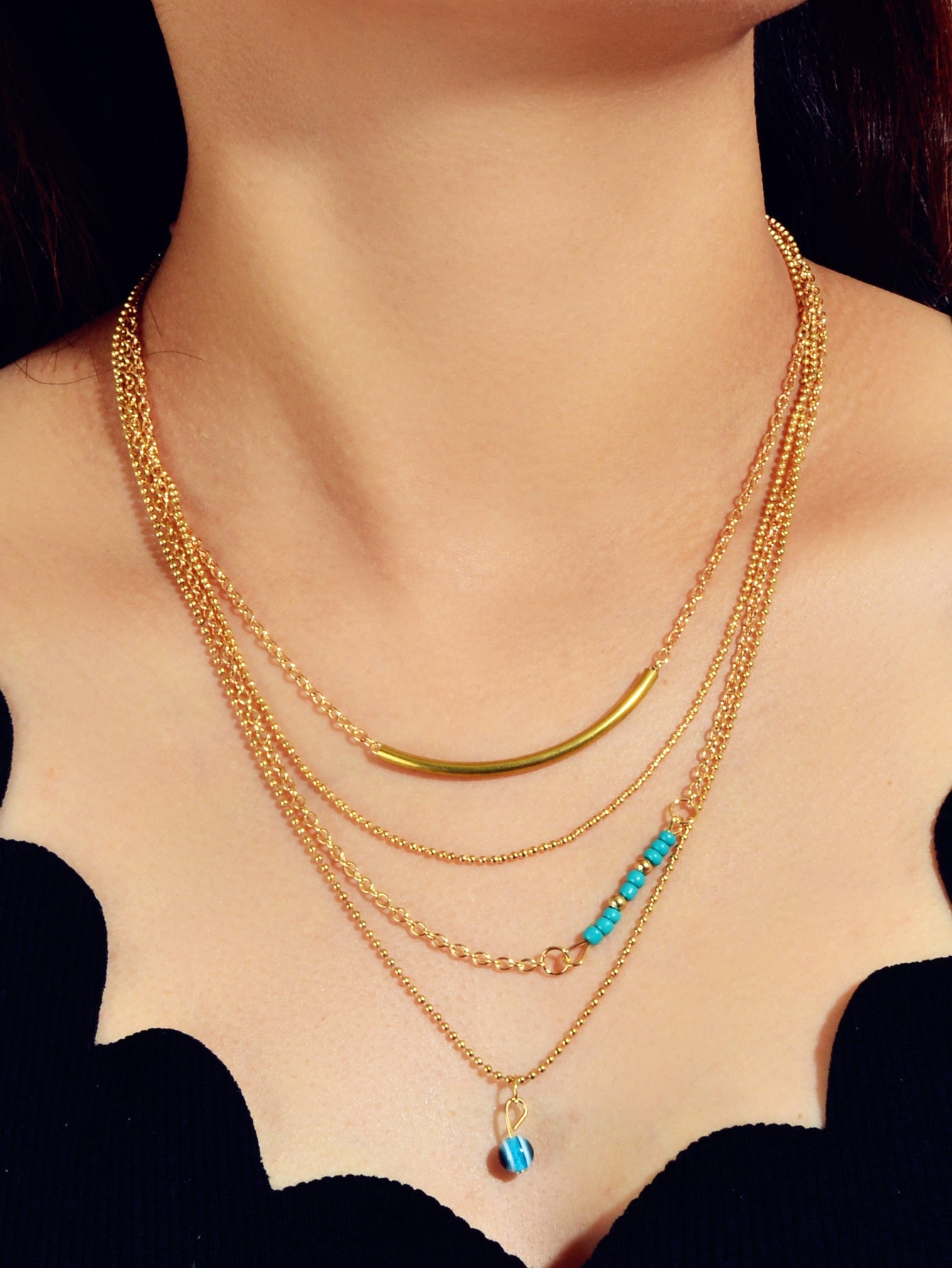 Boho Chic Blue Beads Jewelry Multilayer Gold Chain Round Pendant Ethnic Necklace-0