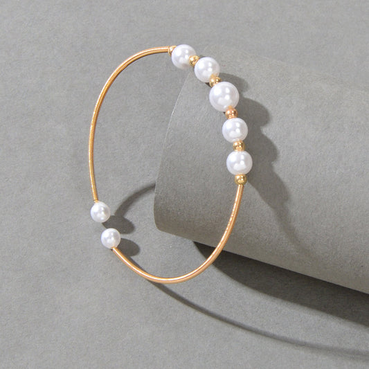 Women Delicate Pearl Decor Cuff Bangle Gold Plated Jewellery Classic Bracelet-0