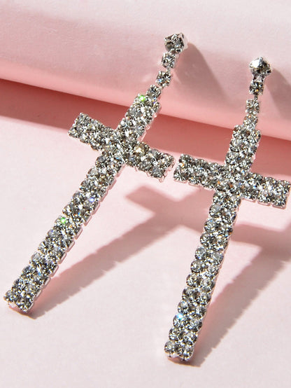 Female Jewellery Punk Shining Full Rhinestone Silver Cross Statement Earrings-1