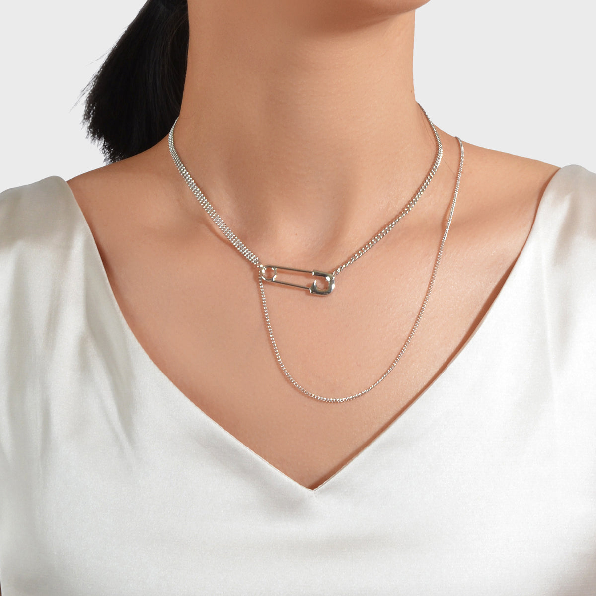 Designer Stylish Accessory Multiple Multi-layer Silver Chain Pin Charm Necklace-0