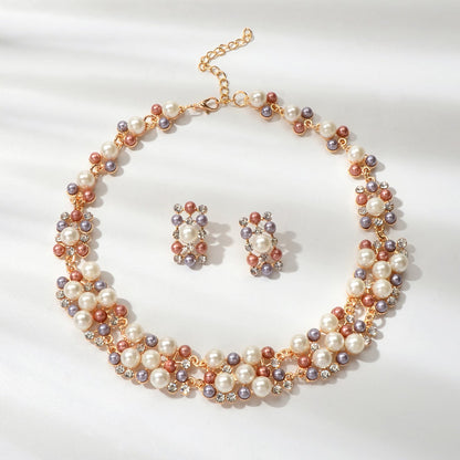Rhinestone Pearl Collar Necklace Stud Earrings Luxurious Engagement Jewelry Set-0
