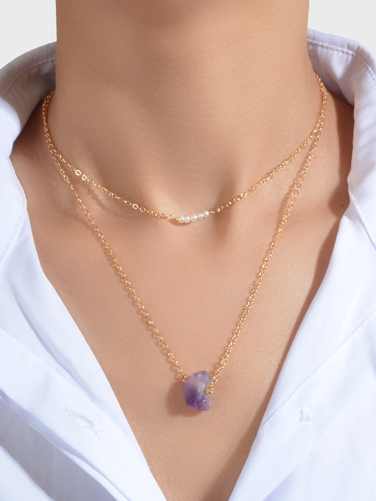 Boho Chic Jewellery Pearl Decor Double layer Chain Purple Stone Pendant Necklace-0