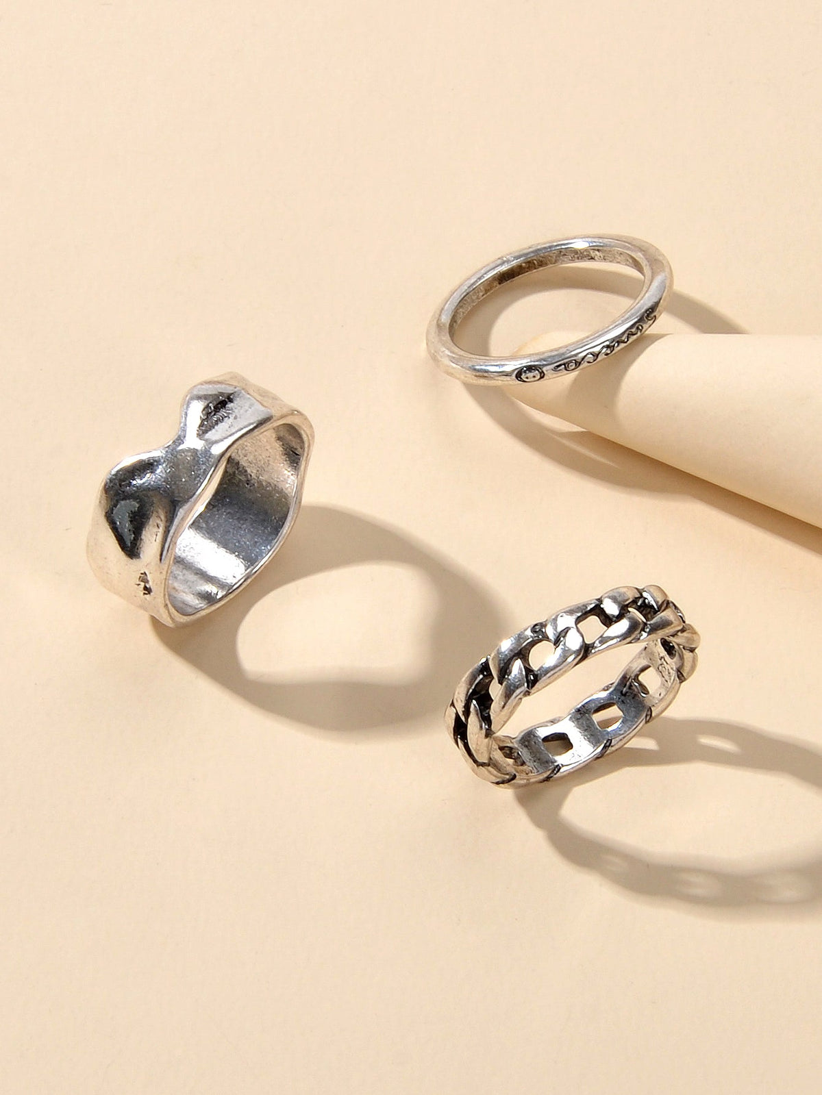 3 pcs Tribal Ethnic Antique Silver Geometric Stackable Multiple Finger Ring Set-0
