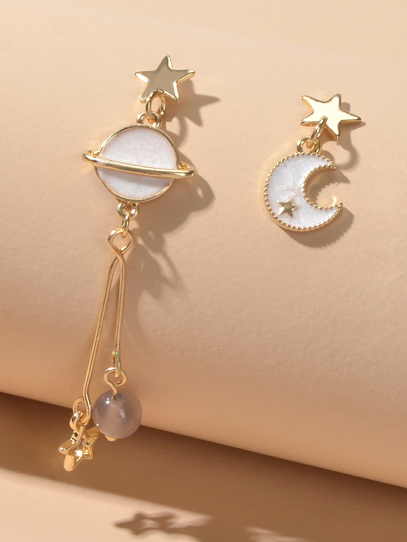 Stunning Gold Chain White Moon Planet Star Charm Stud Drop Asymmetric Earrings-0