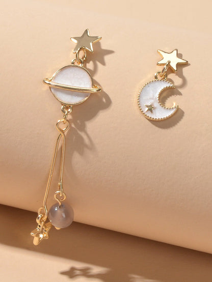 Stunning Gold Chain White Moon Planet Star Charm Stud Drop Asymmetric Earrings-0