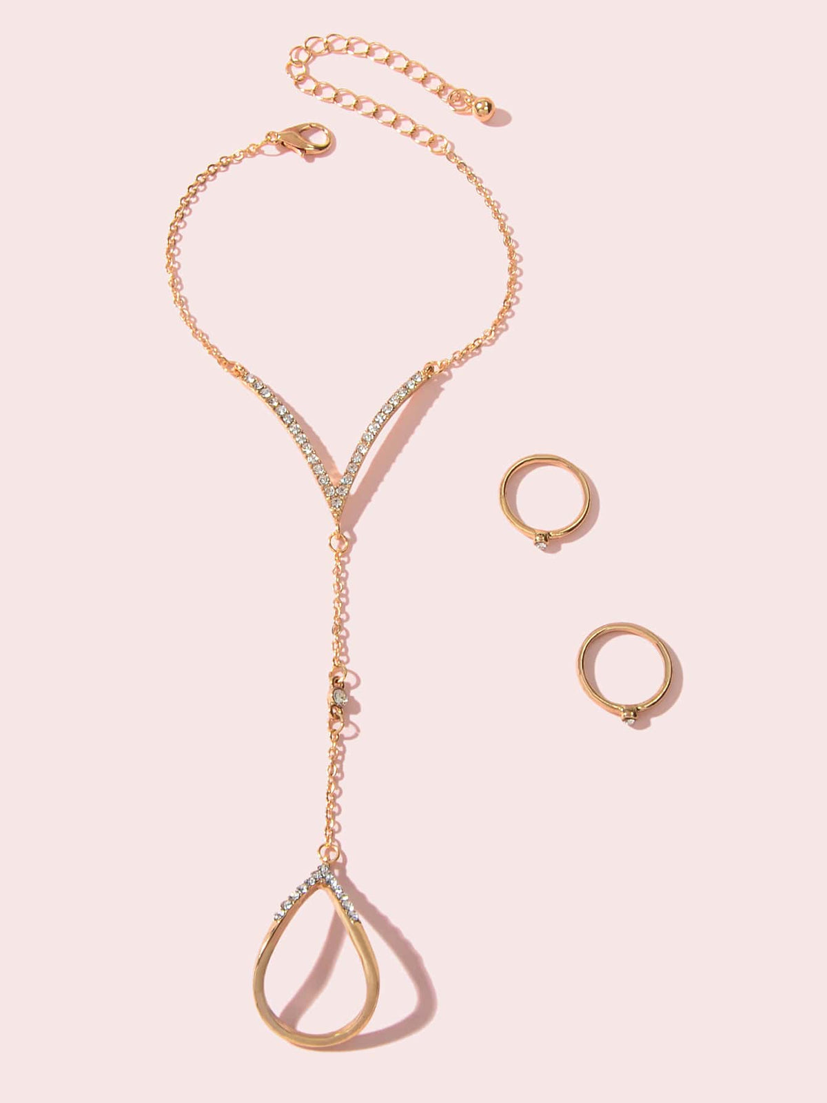 Jewellery set Rhinestone Decor Gold Chain Slave Bracelet and 2 pcs Knuckle Ring-1