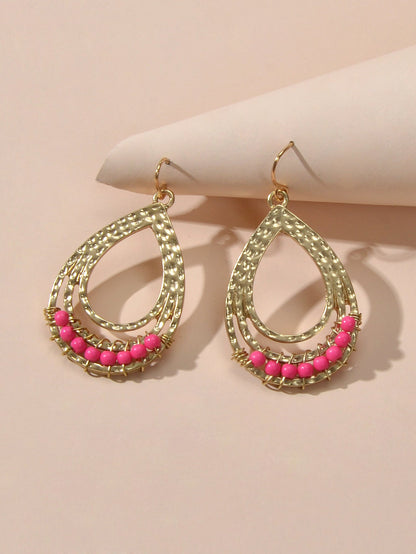 Ethnic Hotpink Beads Handmade Hollow Water Drop Bohemian Traditional Earrings-1