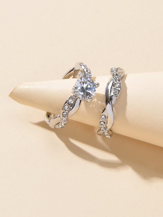 Simulated Diamond Finger Wedding Engagement Ring 2pcs Luxury Women Band-0
