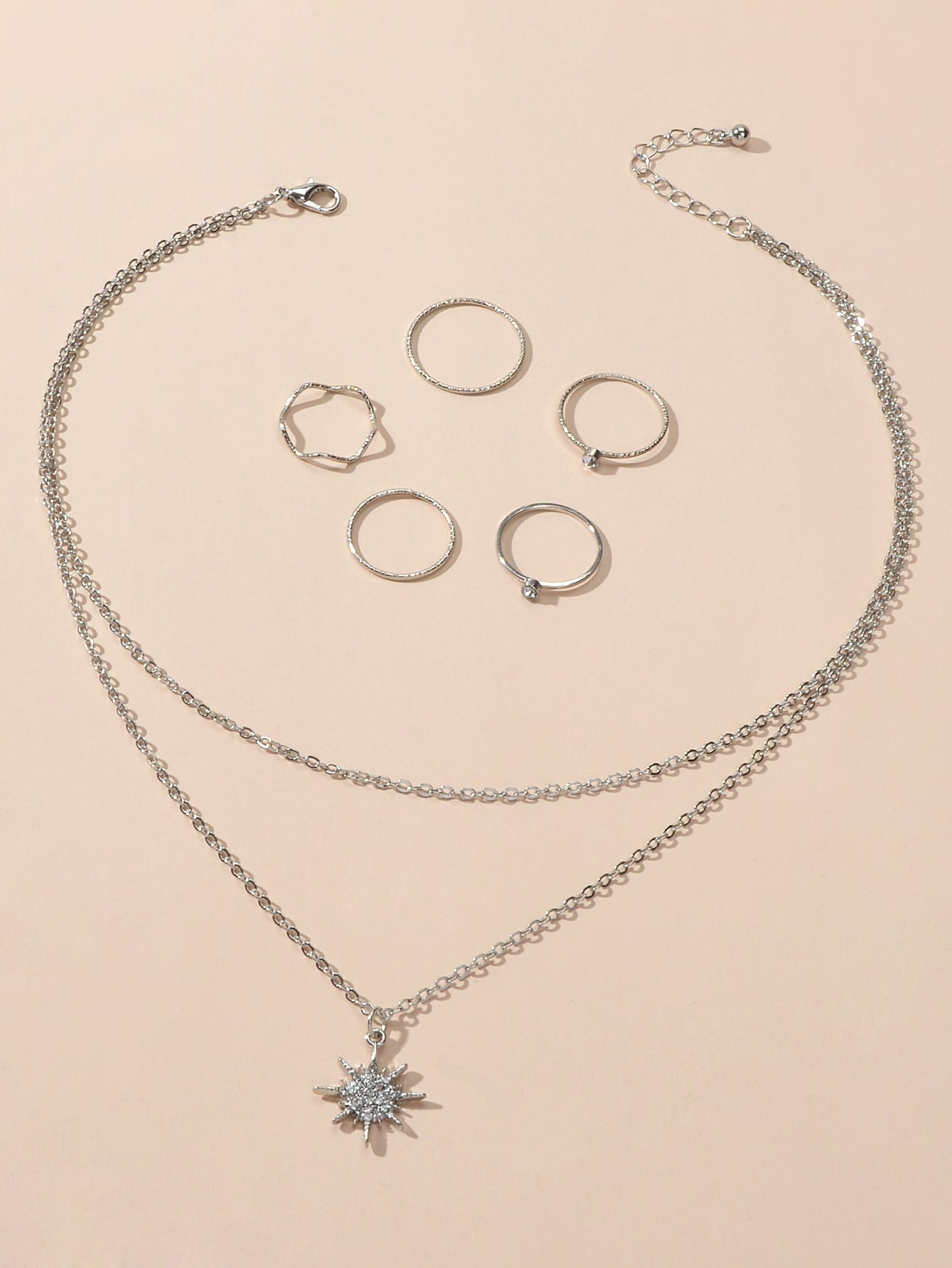 Jewellery Set Silver Double Layer Chain Star Necklace 5 pcs Finger Knuckle Rings-1