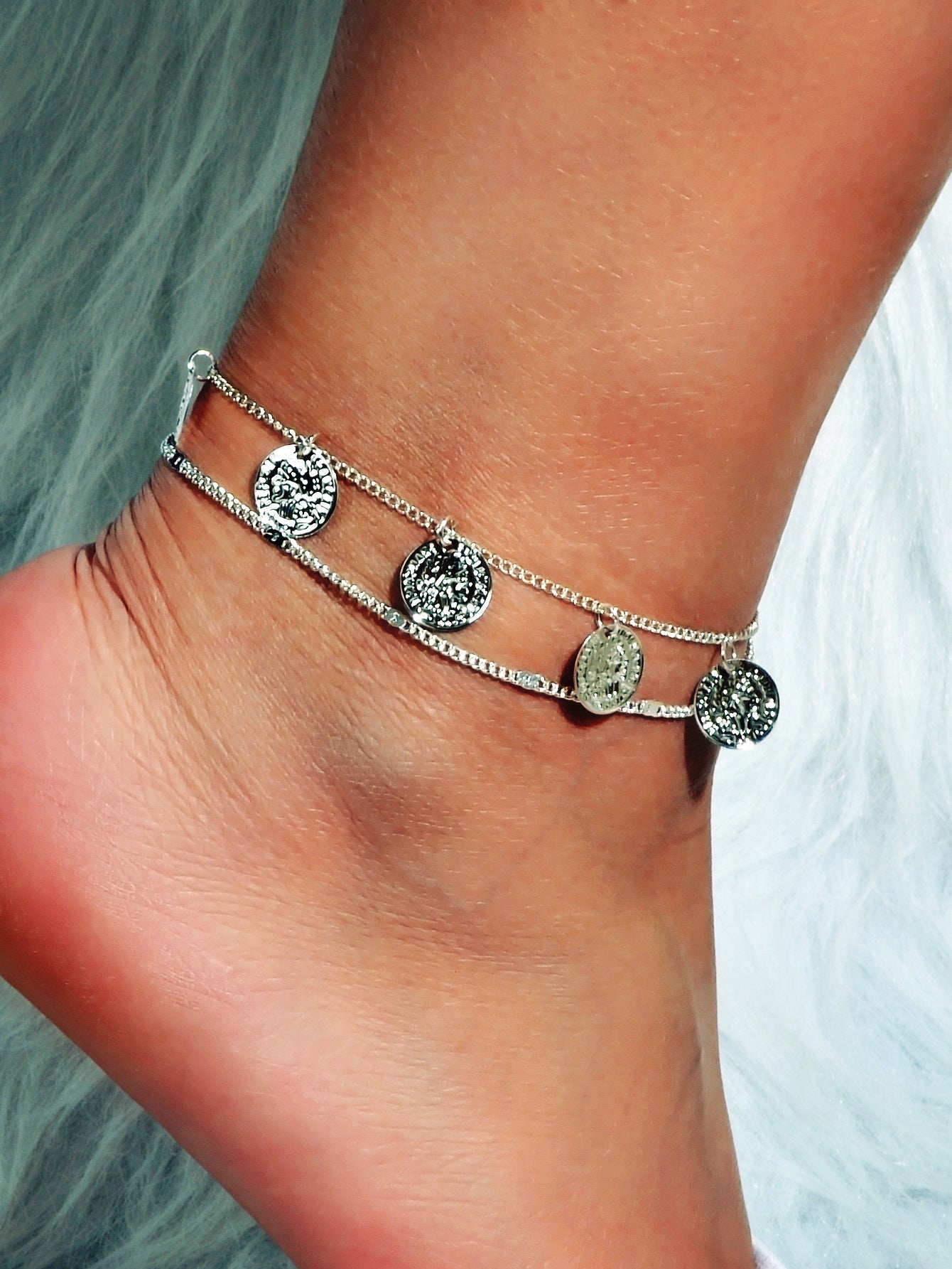 1 pc Boho Chic Double layer Silver Chain Cion Charm Anklet Foot Beach Jewellery-0