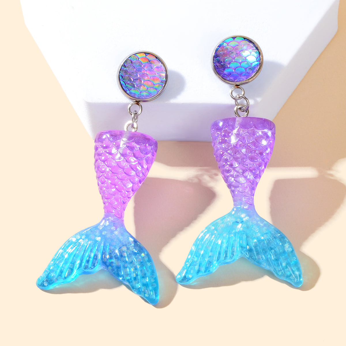 Sparkling Purple Blue Resin Mermaid Fish Tail Pendant Earrings for Women Holiday-0