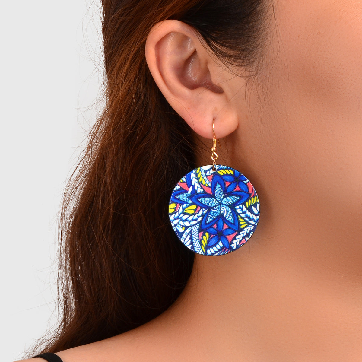 Vacation Jewellery Bohemia Chic Style Blue Flower Pattern Acrylic Round Earrings-0