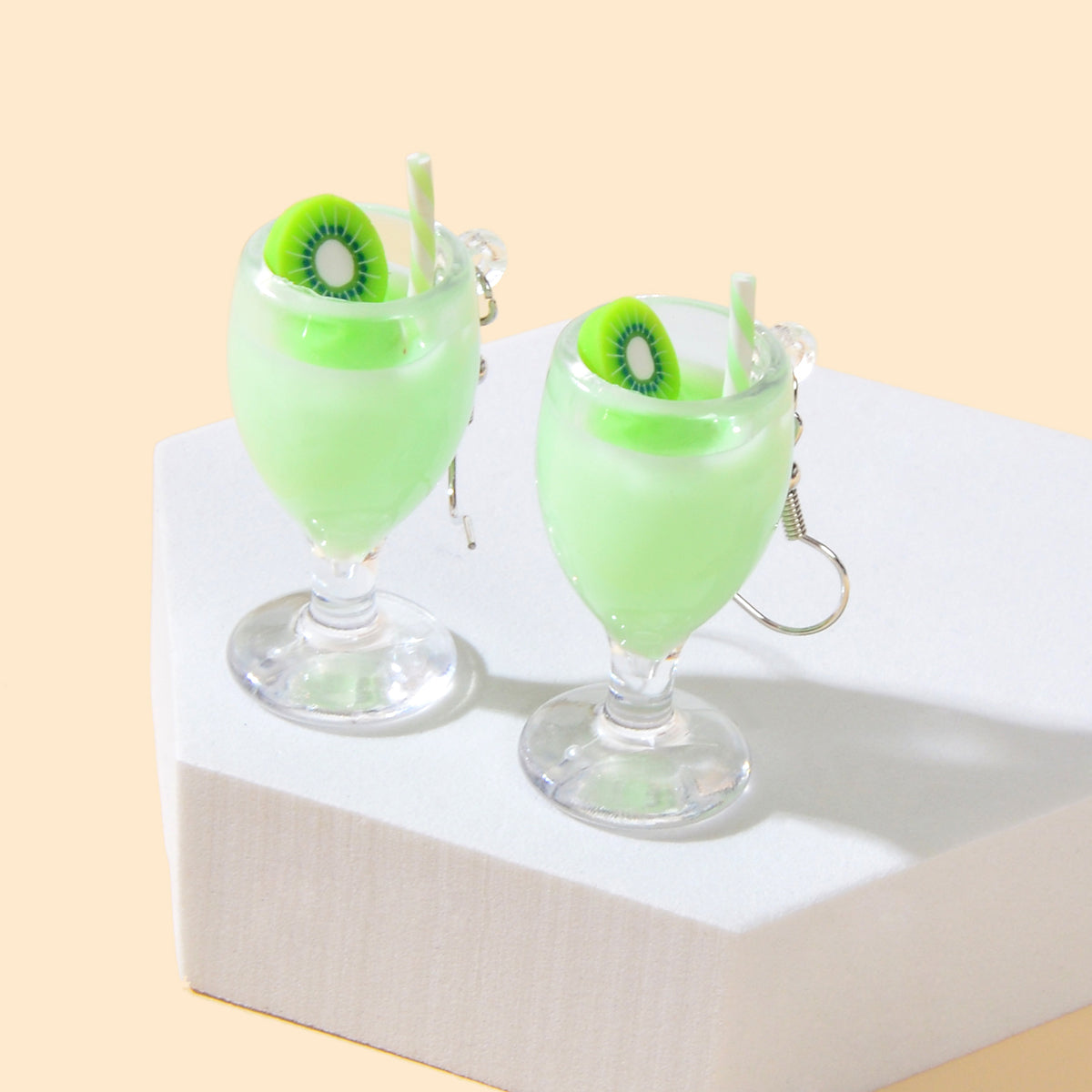 Creative Designer Jewellery Green Resin Fruit Kiwi Drink Chunky Hook Earrings-0
