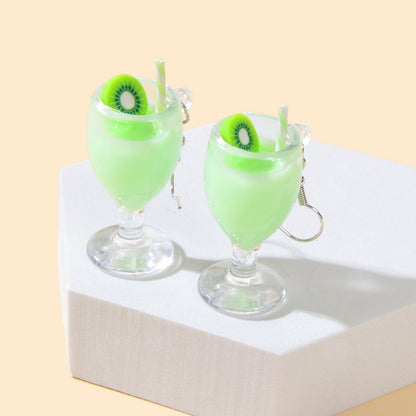 Creative Designer Jewellery Green Resin Fruit Kiwi Drink Chunky Hook Earrings-0