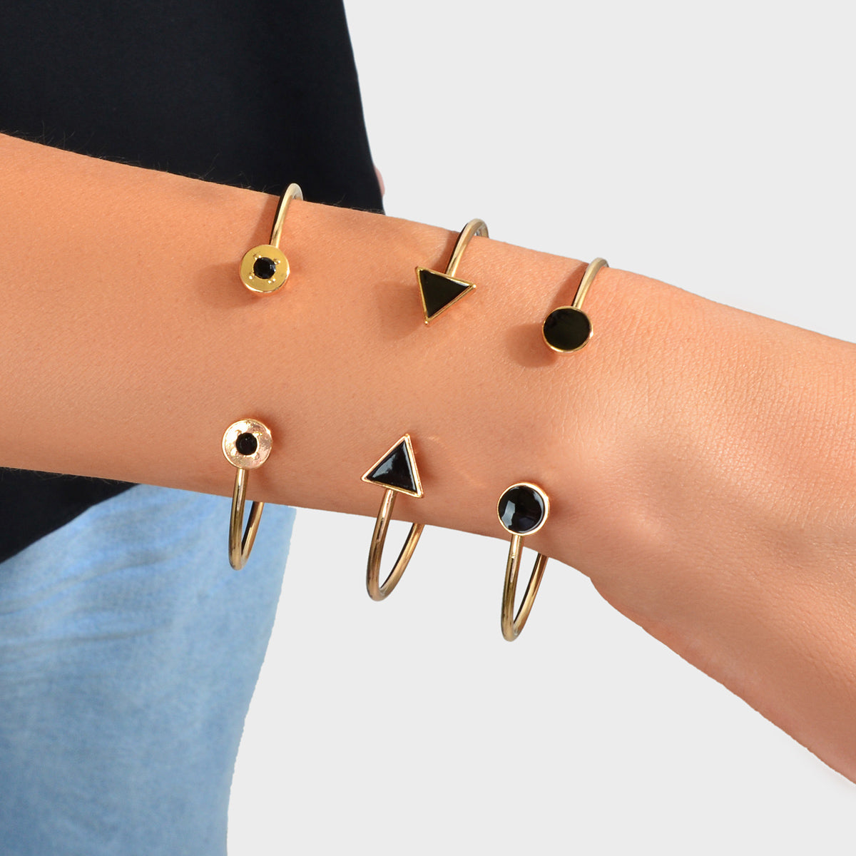 3pcs Designer Jewelry Black Enamel Round Triangle Open Cuff Bangle Bracelets set-0