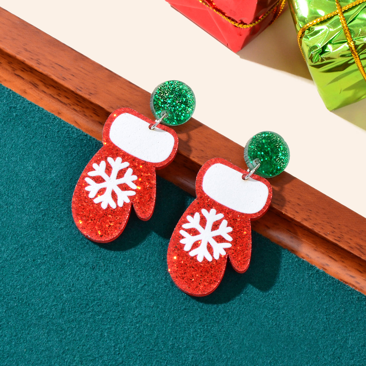 Christmas Series Jewellery Gift Snowflake Pattern Red Glove Dangle Stud Earrings-0