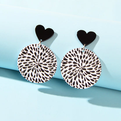 Boho Retro White Black Geometric Pattern Heart Round Acrylic Holiday Earrings-0