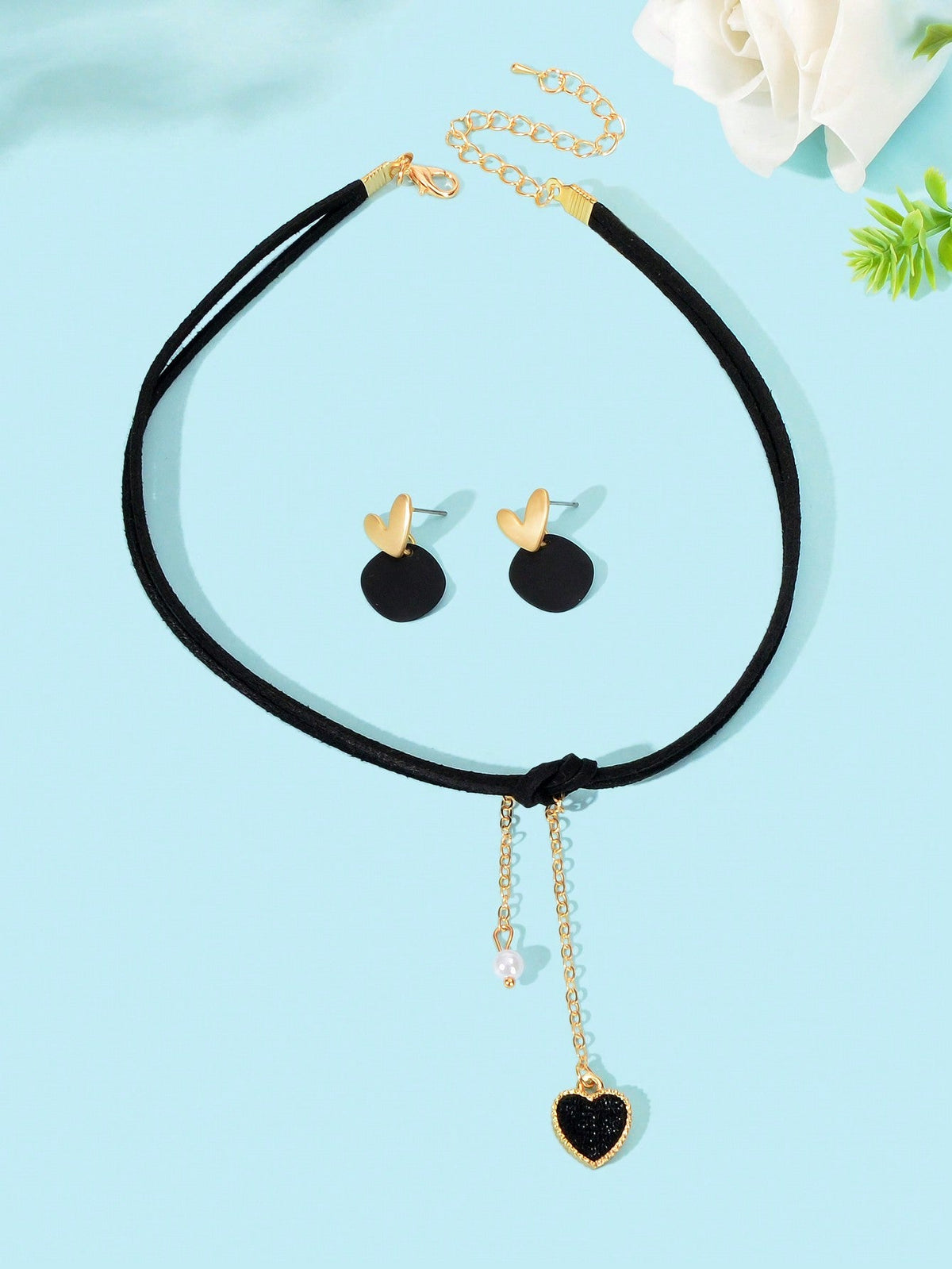 Black Heart Pendant Layered Necklace Earrings Set Elegant Jewelry Ensemble Gift-1