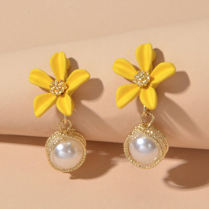 Textured Jewellery Pearl Decor Yellow Flower Drop Pierced Earring Dainty Gifts-0