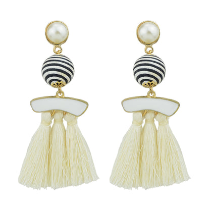 Bohemian Jewellery Ball Black Beige Tassel Dangle Traditional Ethnic Earrings-5