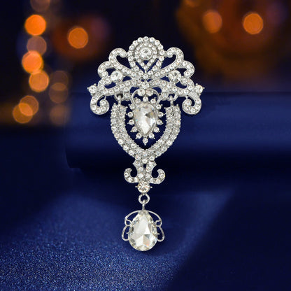 Luxurious Rhinestone Decor Silvery Flower Water Drop Design Brooch Pin Women Banquet Jewelry Accessories-4